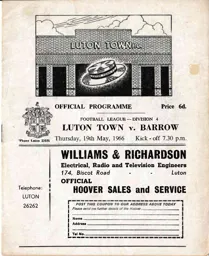 Programme: Luton Town FC vs Barrow (19th May 1966)