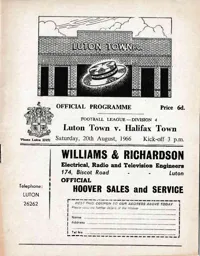Programme: Luton Town FC vs Halifax Town (20th Aug 1966)