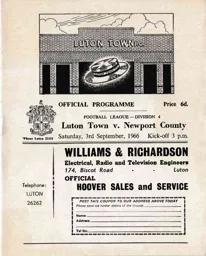 Programme: Luton Town FC vs Newport County (3rd Sep 1966)
