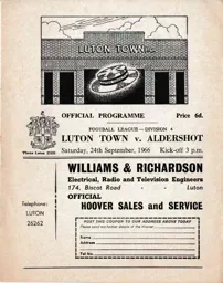 Programme: Luton Town FC vs Aldershot (24th Sep 1966)
