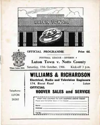 Programme: Luton Town FC vs Notts County (15th Oct 1966)