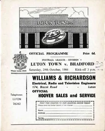 Programme: Luton Town FC vs Bradford Park Avenue (29th Oct 1966)