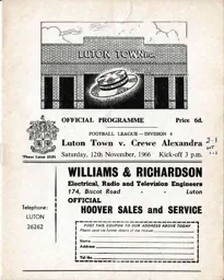 Programme: Luton Town FC vs Crewe Alexandra (12th Nov 1966)