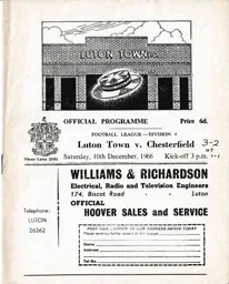 Programme: Luton Town FC vs Chesterfield (10th Dec 1966)