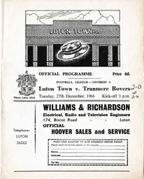Programme: Luton Town FC vs Tranmere Rovers (27th Dec 1966)