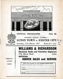 Programme: Luton Town FC vs Exeter City (11th Mar 1967)