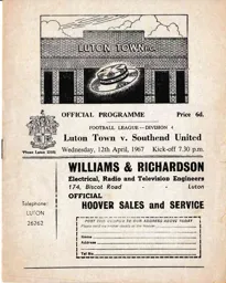 Programme: Luton Town FC vs Southend United (12th Apr 1967)