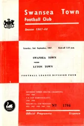 Programme: Swansea Town vs Luton Town FC (2nd Sep 1967)