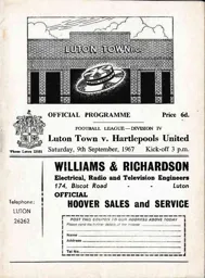 Programme: Luton Town FC vs Hartlepools United (9th Sep 1967)