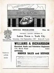Programme: Luton Town FC vs York City (23rd Sep 1967)