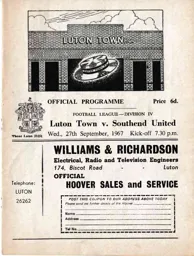 Programme: Luton Town FC vs Southend United (27th Sep 1967)
