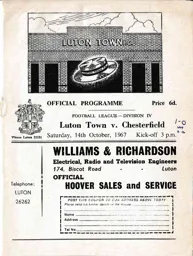 Programme: Luton Town FC vs Chesterfield (14th Oct 1967)