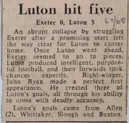 Match Report: Exeter City vs Luton Town FC (21st Oct 1967)