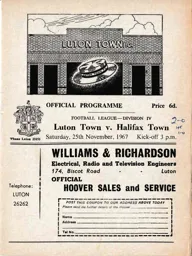 Programme: Luton Town FC vs Halifax Town (25th Nov 1967)