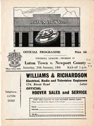 Programme: Luton Town FC vs Newport County (20th Jan 1968)