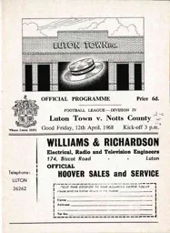 Programme: Luton Town FC vs Notts County (12th Apr 1968)