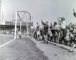 These young supporters are jubilant as Alan Hill picks the ball out of the net following one of Bruce Rioch`s goals