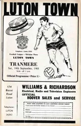 Programme: Luton Town FC vs Tranmere Rovers (14th Sep 1968)