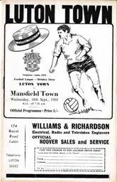 Programme: Luton Town FC vs Mansfield Town (18th Sep 1968)