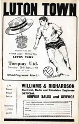Programme: Luton Town FC vs Torquay United (28th Sep 1968)