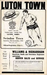 Programme: Luton Town FC vs Swindon Town (9th Nov 1968)