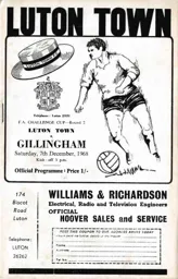 Programme: Luton Town FC vs Gillingham (7th Dec 1968)
