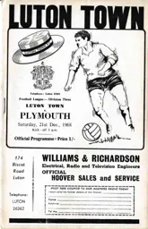 Programme: Luton Town FC vs Plymouth Argyle (21st Dec 1968)