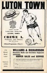 Programme: Luton Town FC vs Crewe Alexandra (26th Feb 1969)
