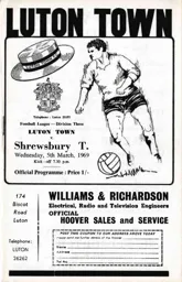 Programme: Luton Town FC vs Shrewsbury Town (5th Mar 1969)