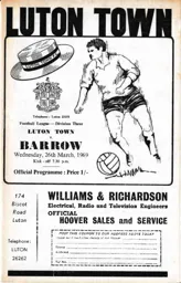 Programme: Luton Town FC vs Barrow (26th Mar 1969)