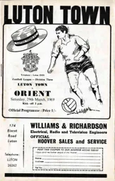 Programme: Luton Town FC vs Orient (29th Mar 1969)