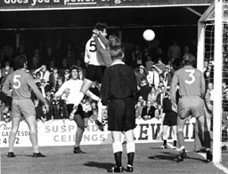 Chris Nicholl heads home the Town's first goal