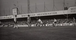 Roger Hoy and Malcolm Macdonald watch a shot go in from Alan Slough