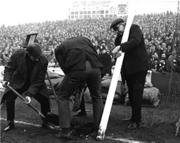 The snapped goalpost is repaired