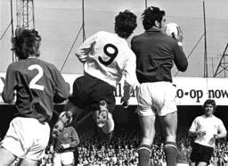 Leicester goalkeeper Peter Shilton safely gathers the ball
