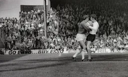 Don Givens dancing with the Burnley keeper