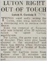 Match Report: Luton Town FC vs Carlisle United (23rd Oct 1971)