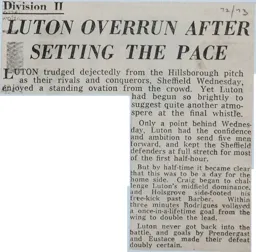 Match Report: Sheffield Wednesday vs Luton Town FC (23rd Sep 1972)