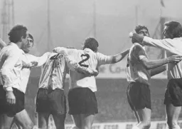 Alan Slough is mobbed after scoring