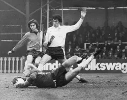 Barry Butlin is thwarted by Peter Mellor in the Fulham goal