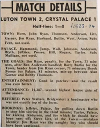 Match Report: Luton Town FC vs Crystal Palace (23rd Feb 1974)