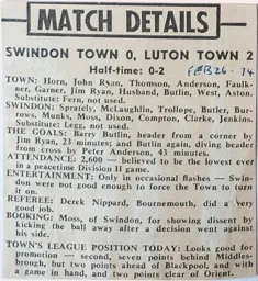 Match Report: Swindon Town vs Luton Town FC (26th Feb 1974)