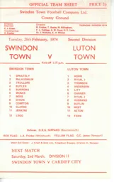 Programme: Swindon Town vs Luton Town FC (26th Feb 1974)