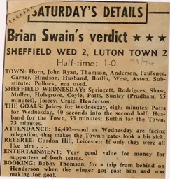 Match Report: Sheffield Wednesday vs Luton Town FC (13th Apr 1974)