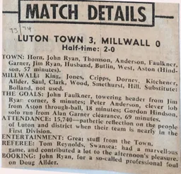 Match Report: Luton Town FC vs Millwall (20th Apr 1974)
