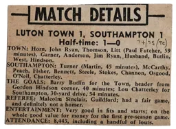 Match Report: Luton Town FC vs Southampton (3rd Aug 1974)