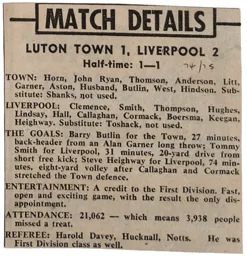 Match Report: Luton Town FC vs Liverpool (17th Aug 1974)