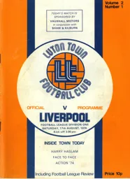 Programme: Luton Town FC vs Liverpool (17th Aug 1974)