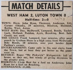 Match Report: West Ham United vs Luton Town FC (19th Aug 1974)