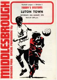 Programme: Middlesbrough vs Luton Town FC (24th Aug 1974)